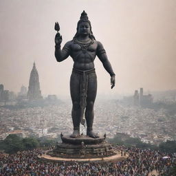 Gigantic statue of Lord Shiva looming over a bustling city, people standing in awe at its base