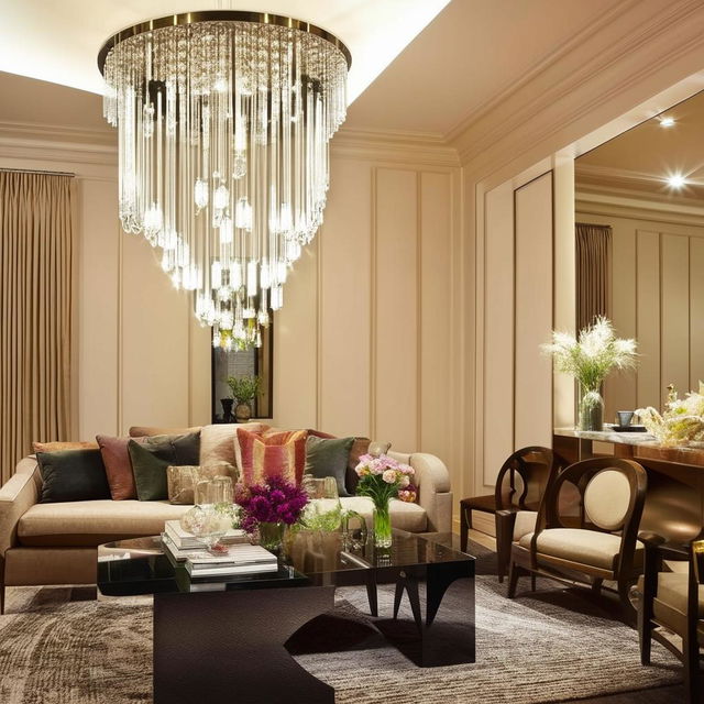 Modern interior design of a spacious and elegant living room. Accentuate with contemporary furniture, warm color palette, a sparkling crystal chandelier and a mixture of natural and artificial lighting.