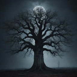 A menacing tree infused with dark powers, surrounded by an eerie aura under moonlight