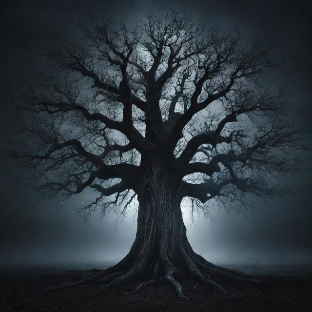 A menacing tree infused with dark powers, surrounded by an eerie aura under moonlight