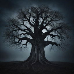 A menacing tree infused with dark powers, surrounded by an eerie aura under moonlight