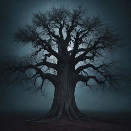 A menacing tree infused with dark powers, surrounded by an eerie aura under moonlight