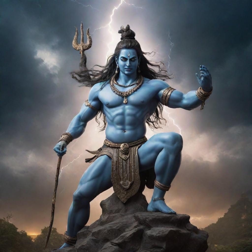 Lord Shiva in a fierce battle with menacing looking devils, set in a mystical landscape filled with clouds and lightning.