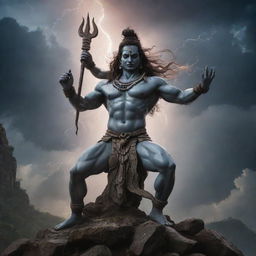 Lord Shiva in a fierce battle with menacing looking devils, set in a mystical landscape filled with clouds and lightning.