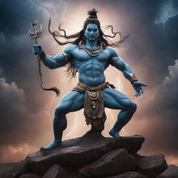 Lord Shiva in a fierce battle with menacing looking devils, set in a mystical landscape filled with clouds and lightning.