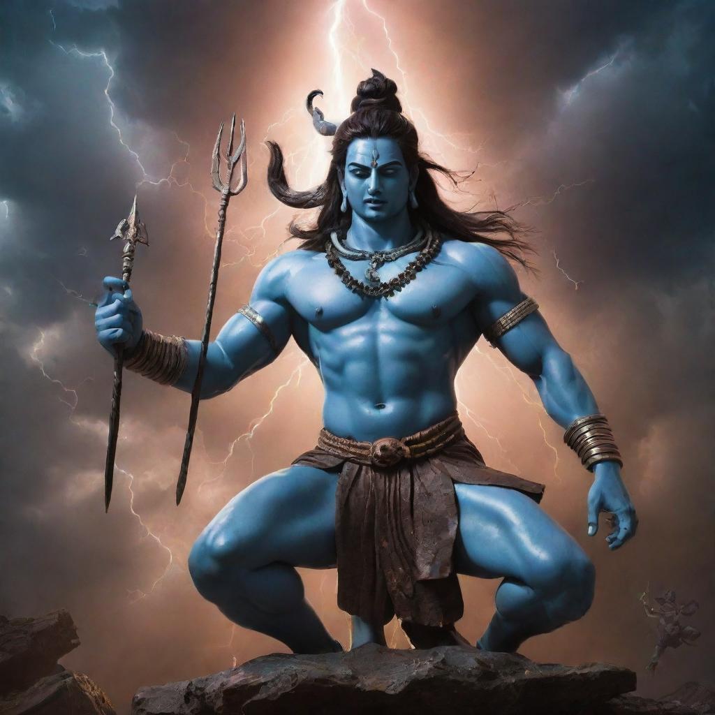 Lord Shiva in a fierce battle with menacing looking devils, set in a mystical landscape filled with clouds and lightning.