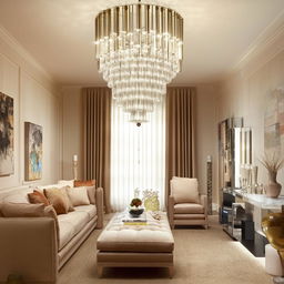 Modern interior design of a spacious and elegant living room. Accentuate with contemporary furniture, warm color palette, a sparkling crystal chandelier and a mixture of natural and artificial lighting.