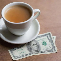 A steaming cup of chai tea with a one dollar bill next to it