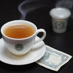 A steaming cup of chai tea with a one dollar bill next to it