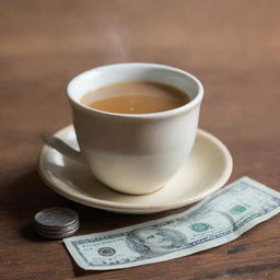 A steaming cup of chai tea with a one dollar bill next to it