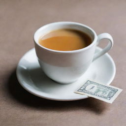 A steaming cup of chai tea with a one dollar bill next to it