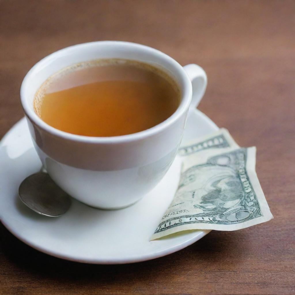 A steaming cup of chai tea next to a crisp ten dollar bill