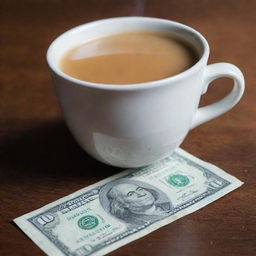 A steaming cup of chai tea next to a crisp ten dollar bill