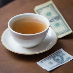 A steaming cup of chai tea next to a crisp ten dollar bill