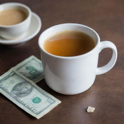 A steaming cup of chai tea next to a crisp ten dollar bill