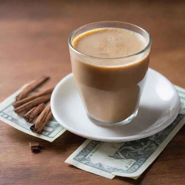 A rich and aromatic cup of chai tea beside a pristine hundred dollar bill