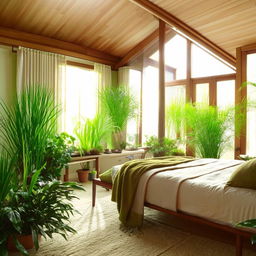 A tranquil bedroom decorated with lush green plants and eco-friendly furnishings, bathed in soft, natural light.