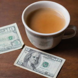 A rich and aromatic cup of chai tea beside a pristine hundred dollar bill