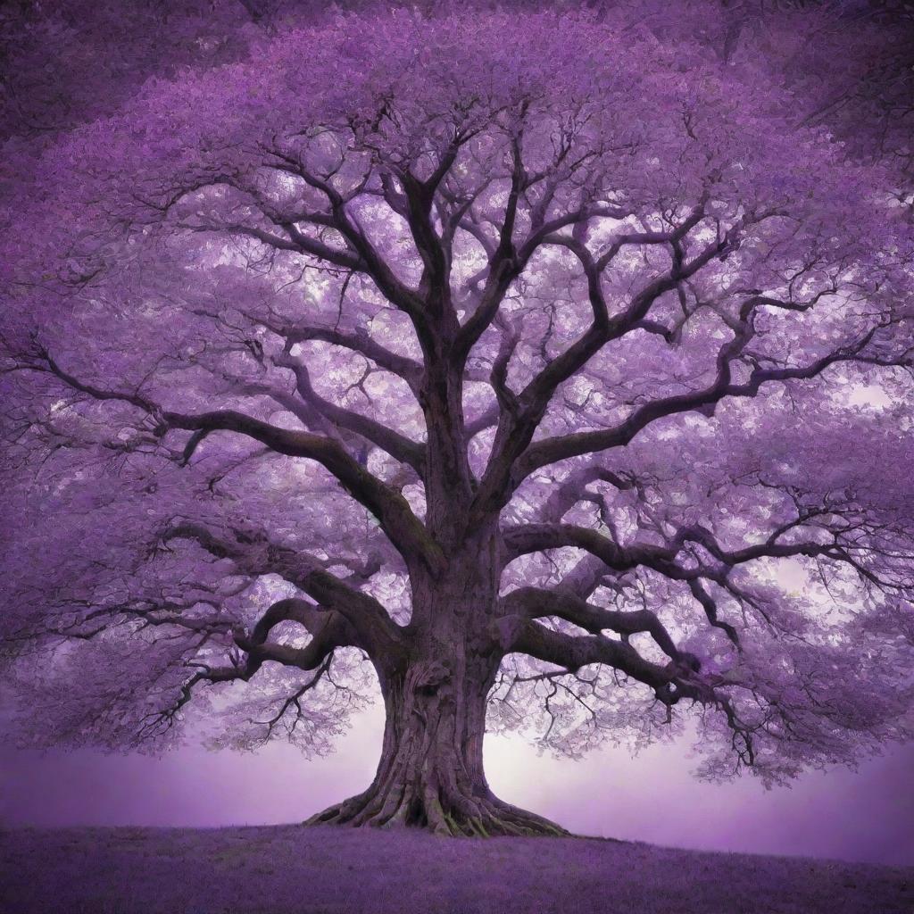 A majestic tree radiating with magical energy, predominately in various shades of purple