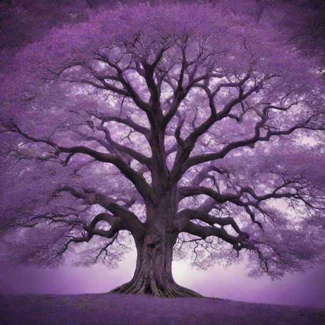 A majestic tree radiating with magical energy, predominately in various shades of purple