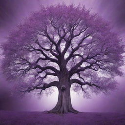 A majestic tree radiating with magical energy, predominately in various shades of purple