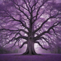 A majestic tree radiating with magical energy, predominately in various shades of purple