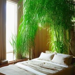 A tranquil bedroom decorated with lush green plants and eco-friendly furnishings, bathed in soft, natural light.