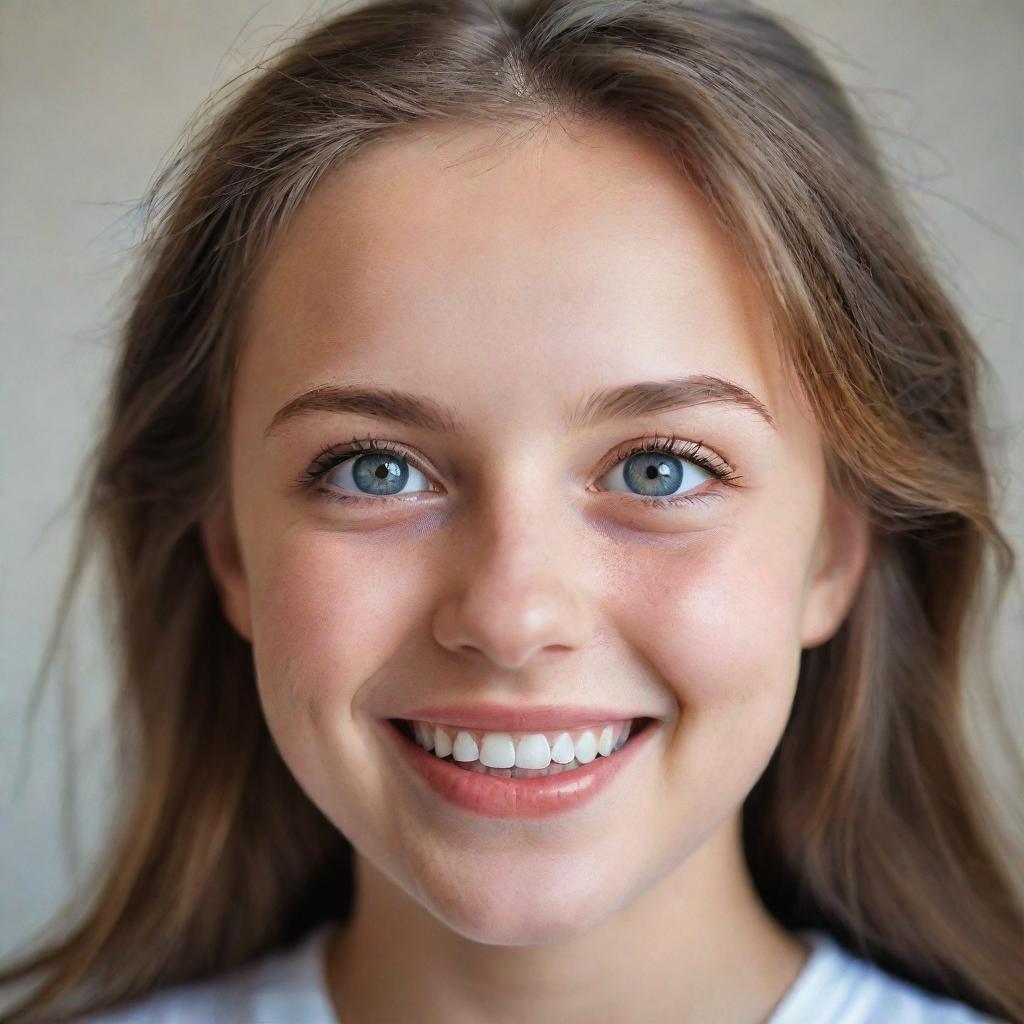 A realistic portrait of a girl with expressive eyes and a bright smile, against a soft background