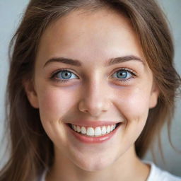 A realistic portrait of a girl with expressive eyes and a bright smile, against a soft background