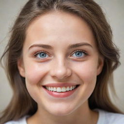 A realistic portrait of a girl with expressive eyes and a bright smile, against a soft background