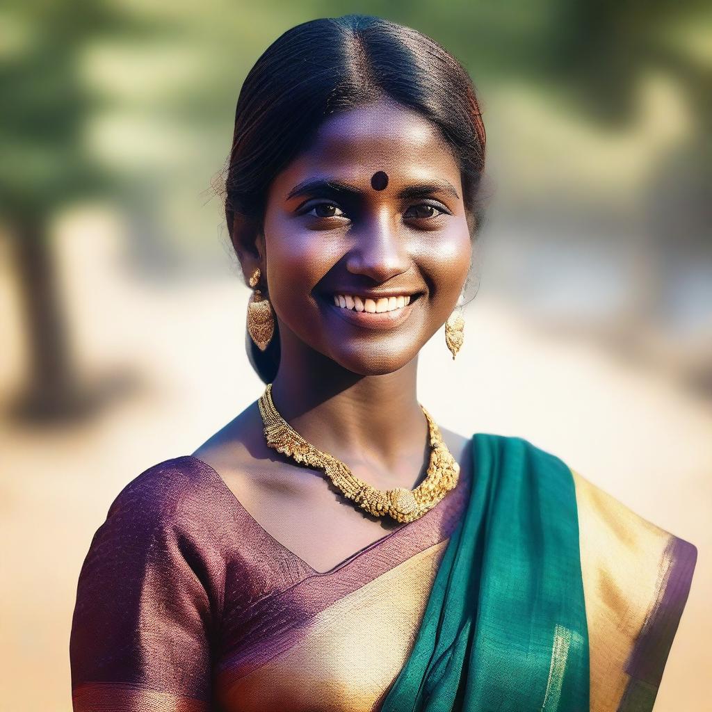 Generate an image of a dark-skinned Indian girl wearing a traditional sari