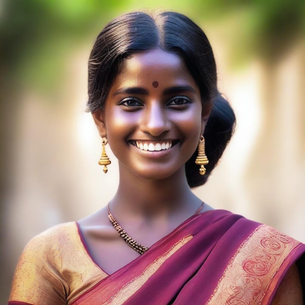 Generate an image of a dark-skinned Indian girl wearing a traditional sari