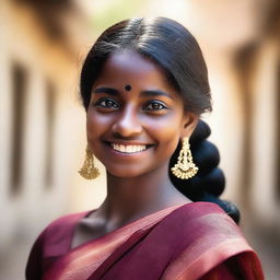 Generate an image of a dark-skinned Indian girl wearing a traditional sari