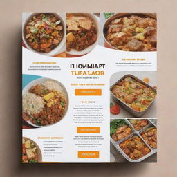 A vibrant flyer advertising a homemade food tiffin service, filled with tantalizing images of freshly prepared meals packed in neat tiffin boxes, clear text with service details, contact information and a catchy tagline.