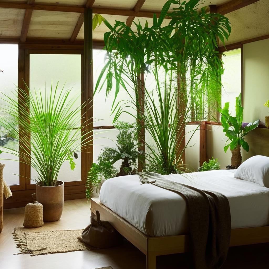 A tranquil bedroom decorated with lush green plants and eco-friendly furnishings, bathed in soft, natural light.