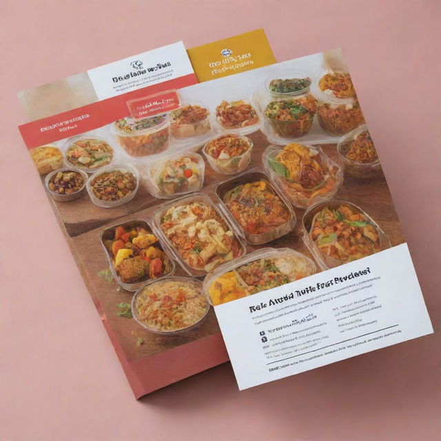 A vibrant flyer advertising a homemade food tiffin service, filled with tantalizing images of freshly prepared meals packed in neat tiffin boxes, clear text with service details, contact information and a catchy tagline.