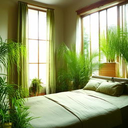 A tranquil bedroom decorated with lush green plants and eco-friendly furnishings, bathed in soft, natural light.