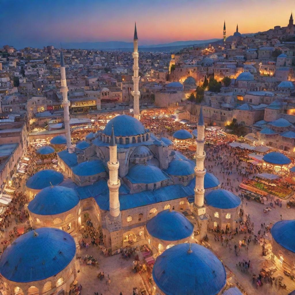 A vivid display of Turkish culture, featuring iconic landmarks such as the Blue Mosque, Cappadocia's fairy chimneys, and a bustling Turkish bazaar.