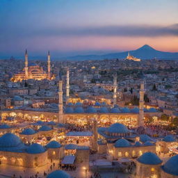 A vivid display of Turkish culture, featuring iconic landmarks such as the Blue Mosque, Cappadocia's fairy chimneys, and a bustling Turkish bazaar.