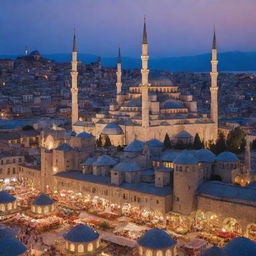 A vivid display of Turkish culture, featuring iconic landmarks such as the Blue Mosque, Cappadocia's fairy chimneys, and a bustling Turkish bazaar.