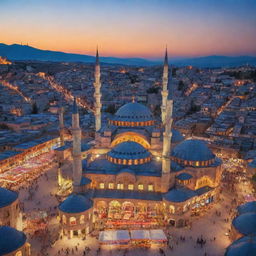 A vivid display of Turkish culture, featuring iconic landmarks such as the Blue Mosque, Cappadocia's fairy chimneys, and a bustling Turkish bazaar.