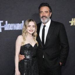 Sabrina Carpenter and Jeffrey Dean Morgan standing together at a Hollywood red carpet event, both looking elegant and cheerful.