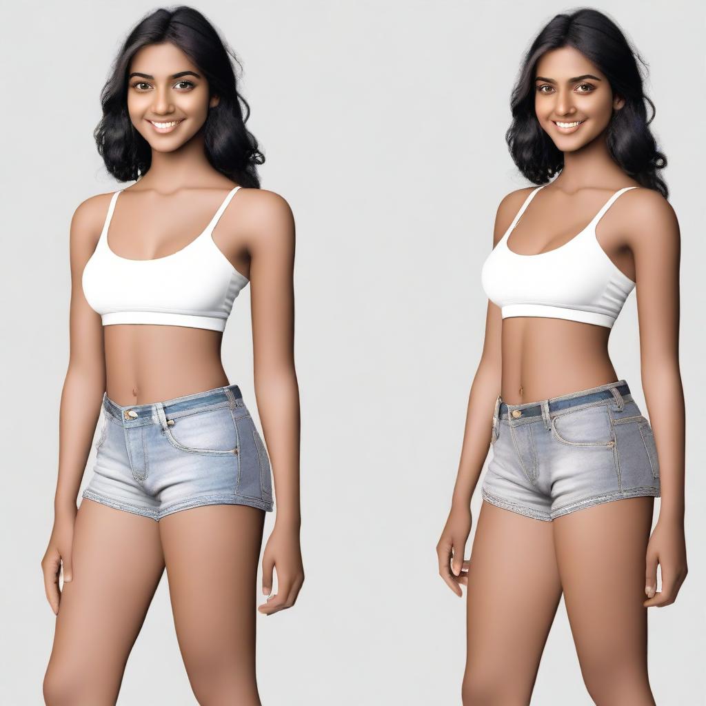 Generate an image of a light dark-skinned Indian girl wearing a pair of shorts.