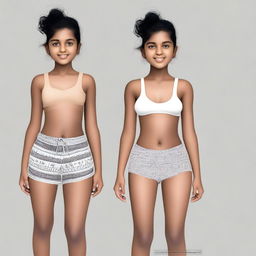 Generate an image of a light dark-skinned Indian girl wearing a pair of shorts.