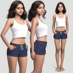 Generate an image of a light dark-skinned Indian girl wearing a pair of shorts.