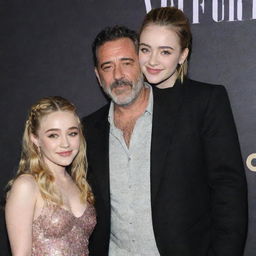 Sabrina Carpenter and Jeffrey Dean Morgan standing together at a Hollywood red carpet event, both looking elegant and cheerful.