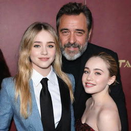 Sabrina Carpenter and Jeffrey Dean Morgan standing together at a Hollywood red carpet event, both looking elegant and cheerful.