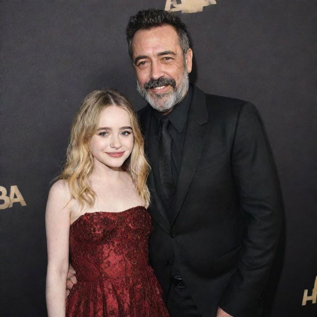 Sabrina Carpenter and Jeffrey Dean Morgan standing together at a Hollywood red carpet event, both looking elegant and cheerful.