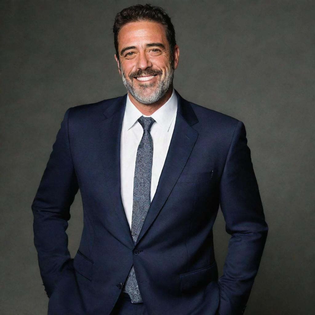 Actor Jeffrey Dean Morgan in a formal suit, with a confident, charming smile.