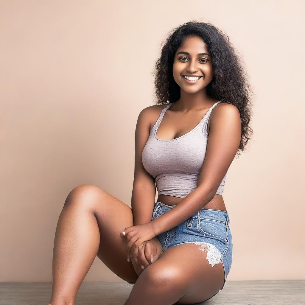 Generate an image of a light dark-skinned Indian girl wearing a tank top and shorts